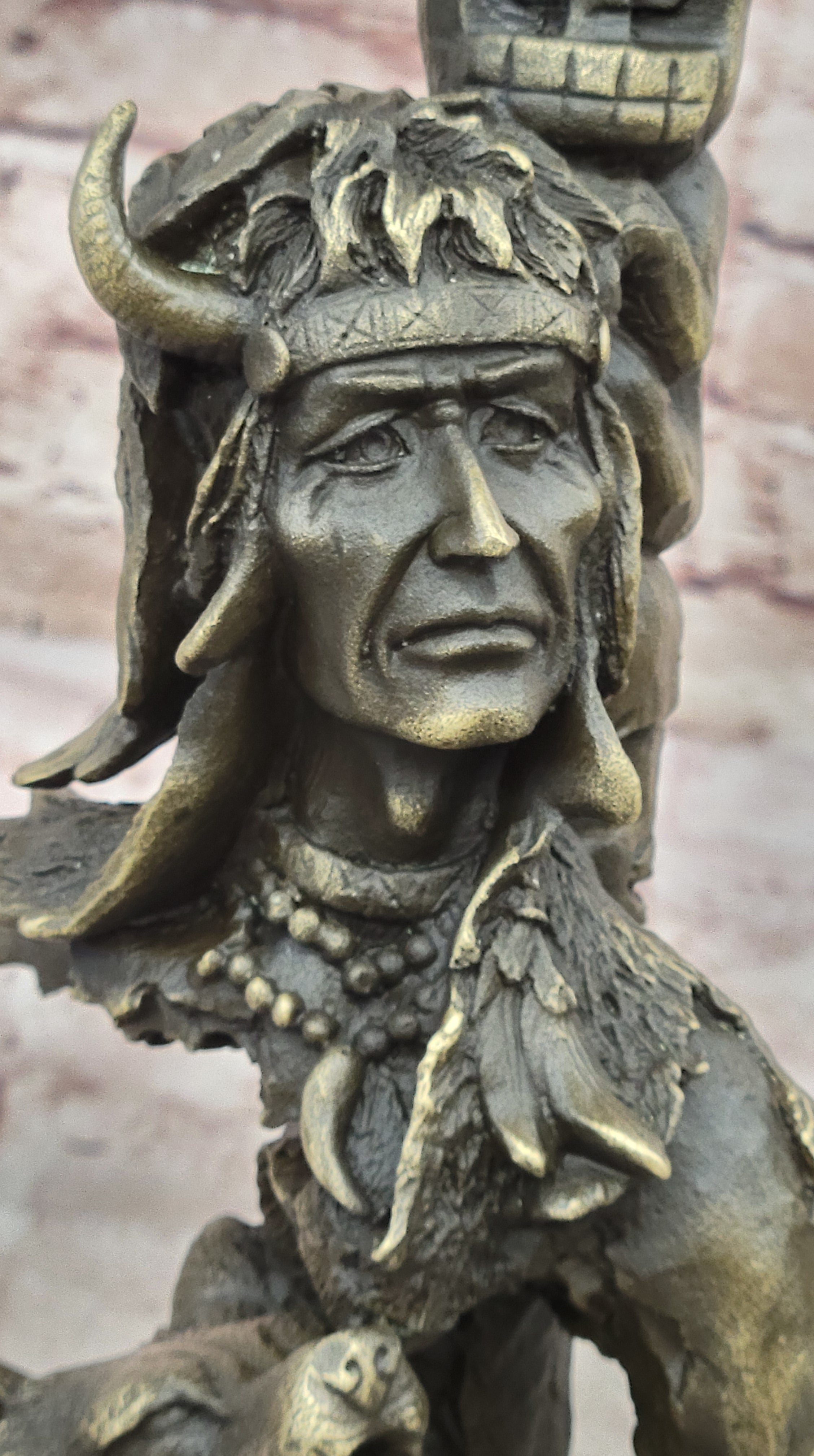 Signed Original Indian Warrior With Totem Pole Bird Bronze Sculpture Statue Gift