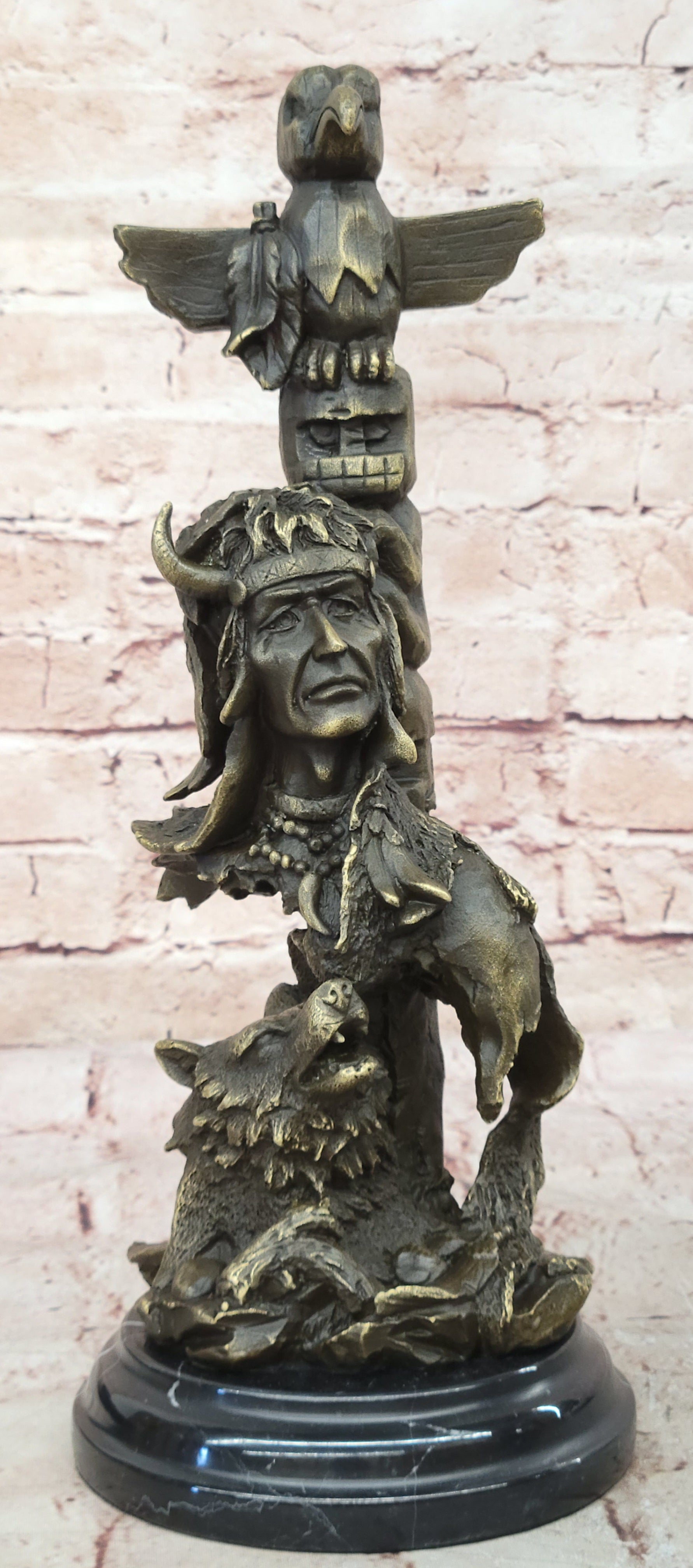 Signed Original Indian Warrior With Totem Pole Bird Bronze Sculpture Statue Gift