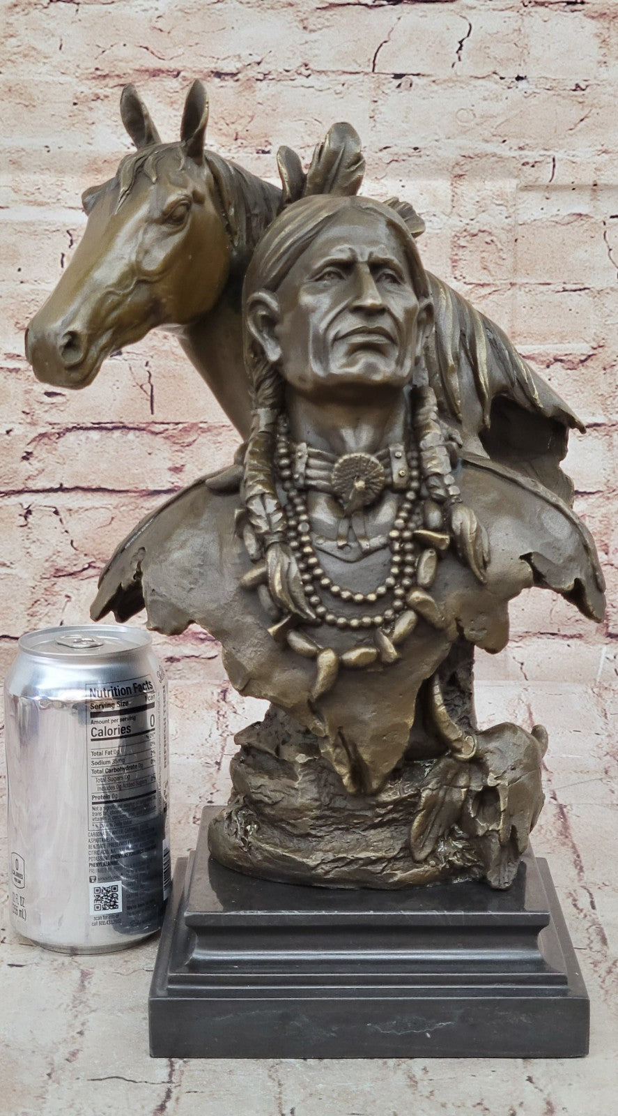 Genuine Bronze Statue Marble Base American Indian Chief Buffalo Headdress Decor