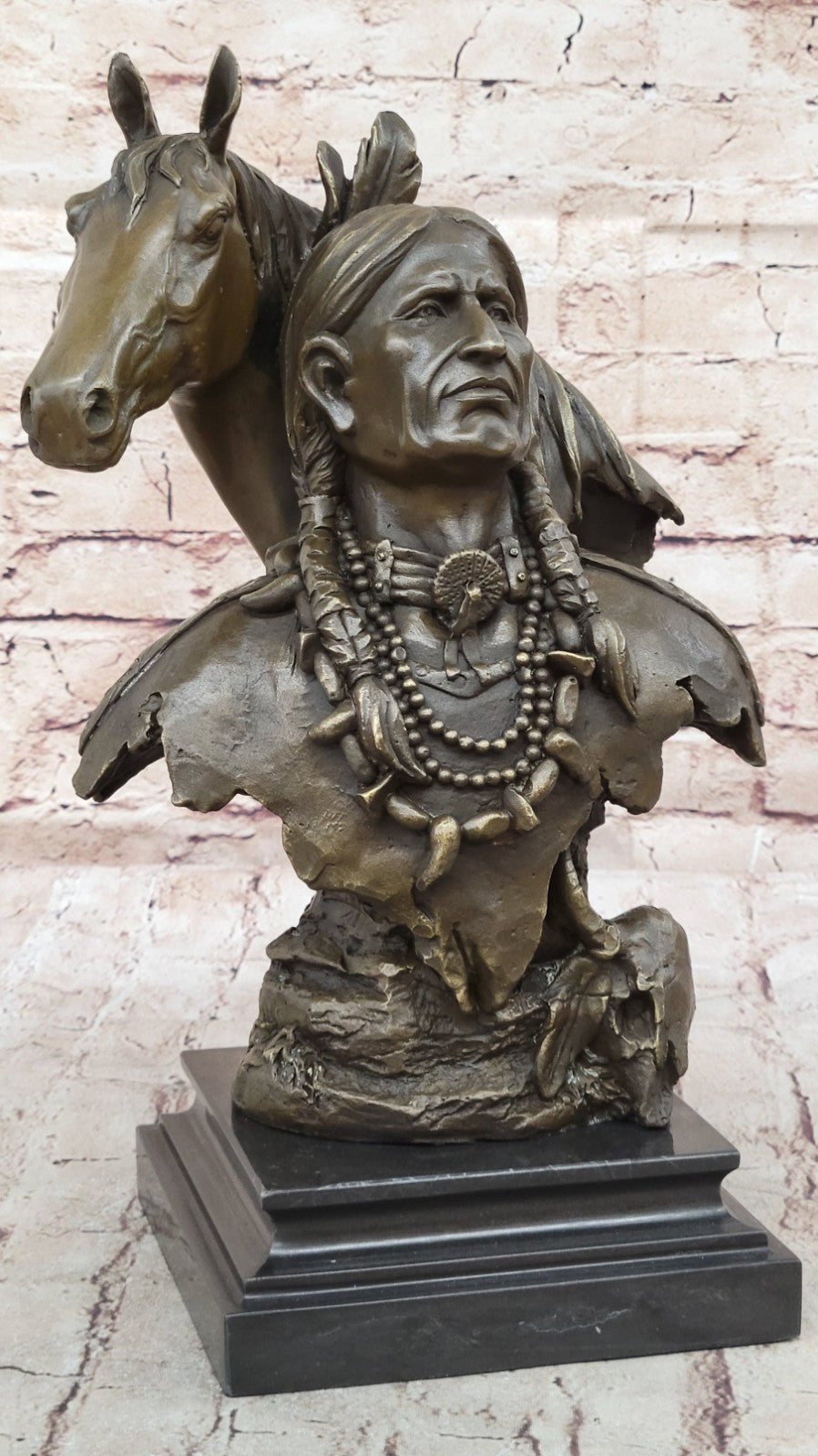 Genuine Bronze Statue Marble Base American Indian Chief Buffalo Headdress Decor