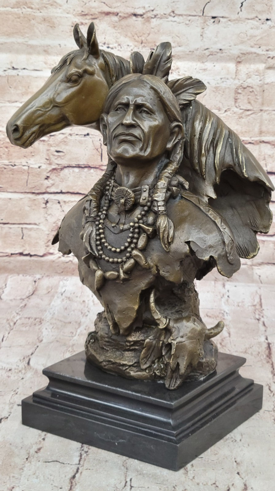 Genuine Bronze Statue Marble Base American Indian Chief Buffalo Headdress Decor