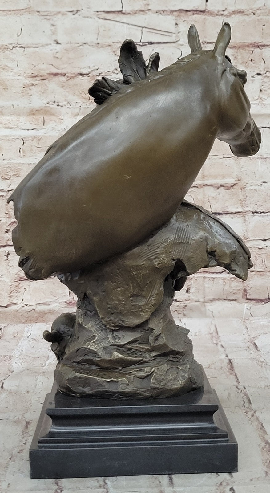 Genuine Bronze Statue Marble Base American Indian Chief Buffalo Headdress Decor