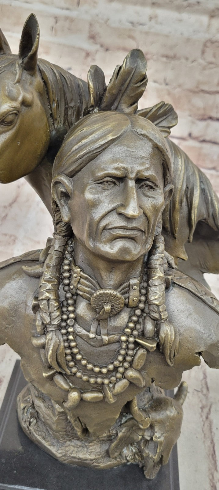 Genuine Bronze Statue Marble Base American Indian Chief Buffalo Headdress Decor