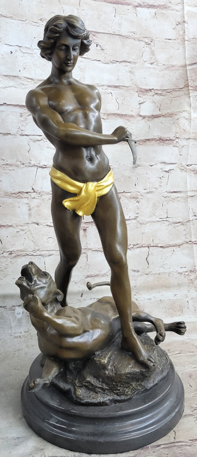 Lost Wax Method Winner Paris Exposition 1900 Nude Boy and Lion Bronze Sculpture Decor