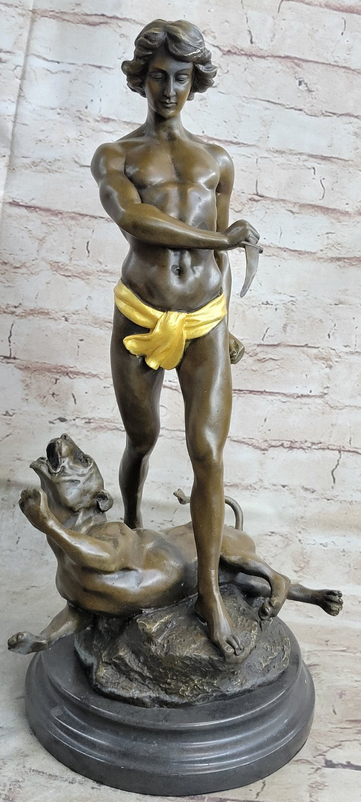 Lost Wax Method Winner Paris Exposition 1900 Nude Boy and Lion Bronze Sculpture Decor