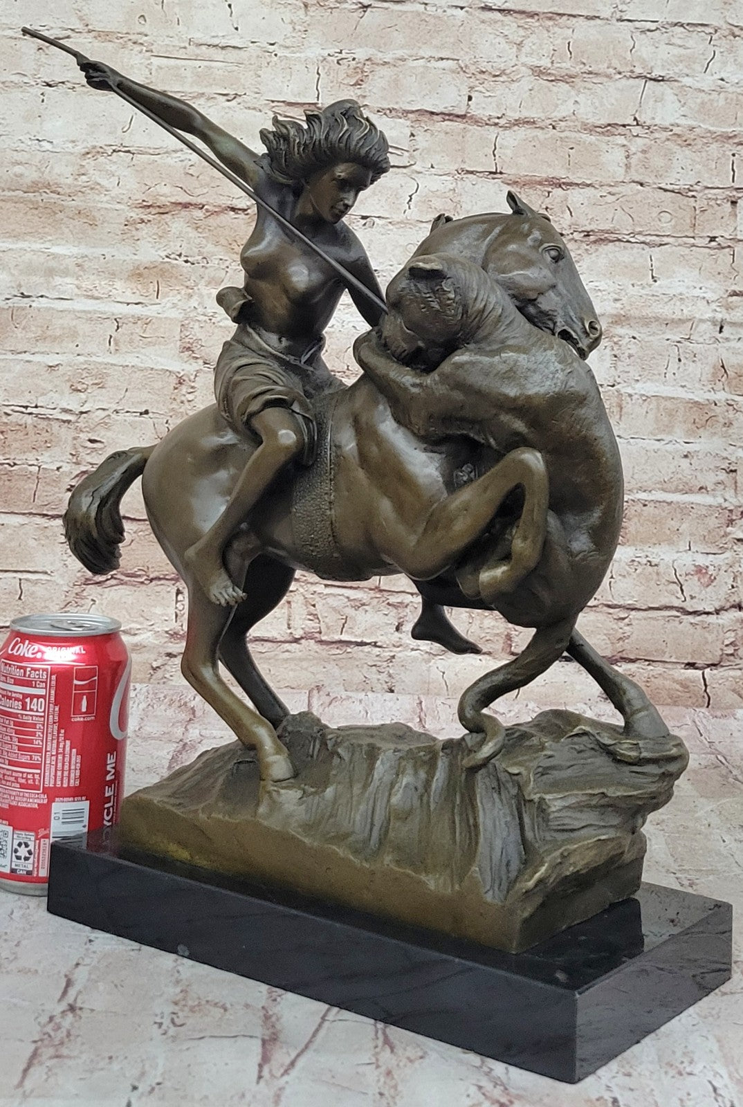 Handcrafted Detailed Nude Warrior Girl On Horse Bronze Sculpture Marble Statue
