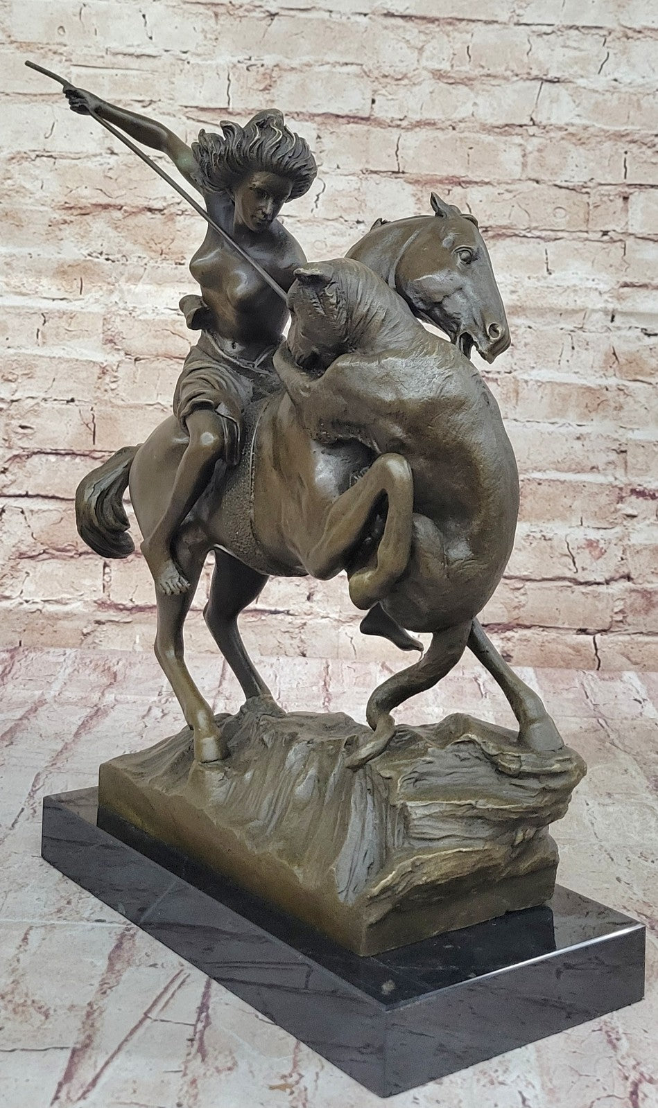 Handcrafted Detailed Nude Warrior Girl On Horse Bronze Sculpture Marble Statue