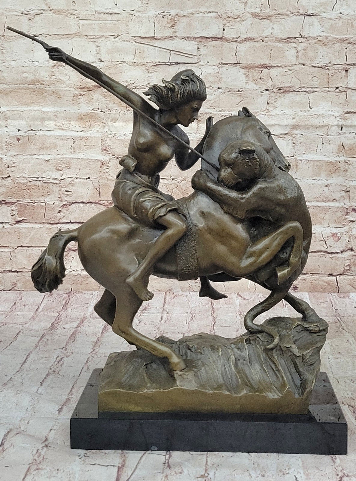 Handcrafted Detailed Nude Warrior Girl On Horse Bronze Sculpture Marble Statue
