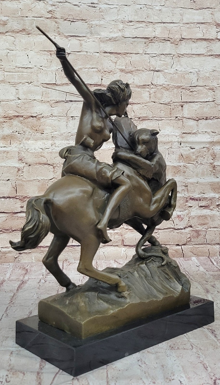 Handcrafted Detailed Nude Warrior Girl On Horse Bronze Sculpture Marble Statue