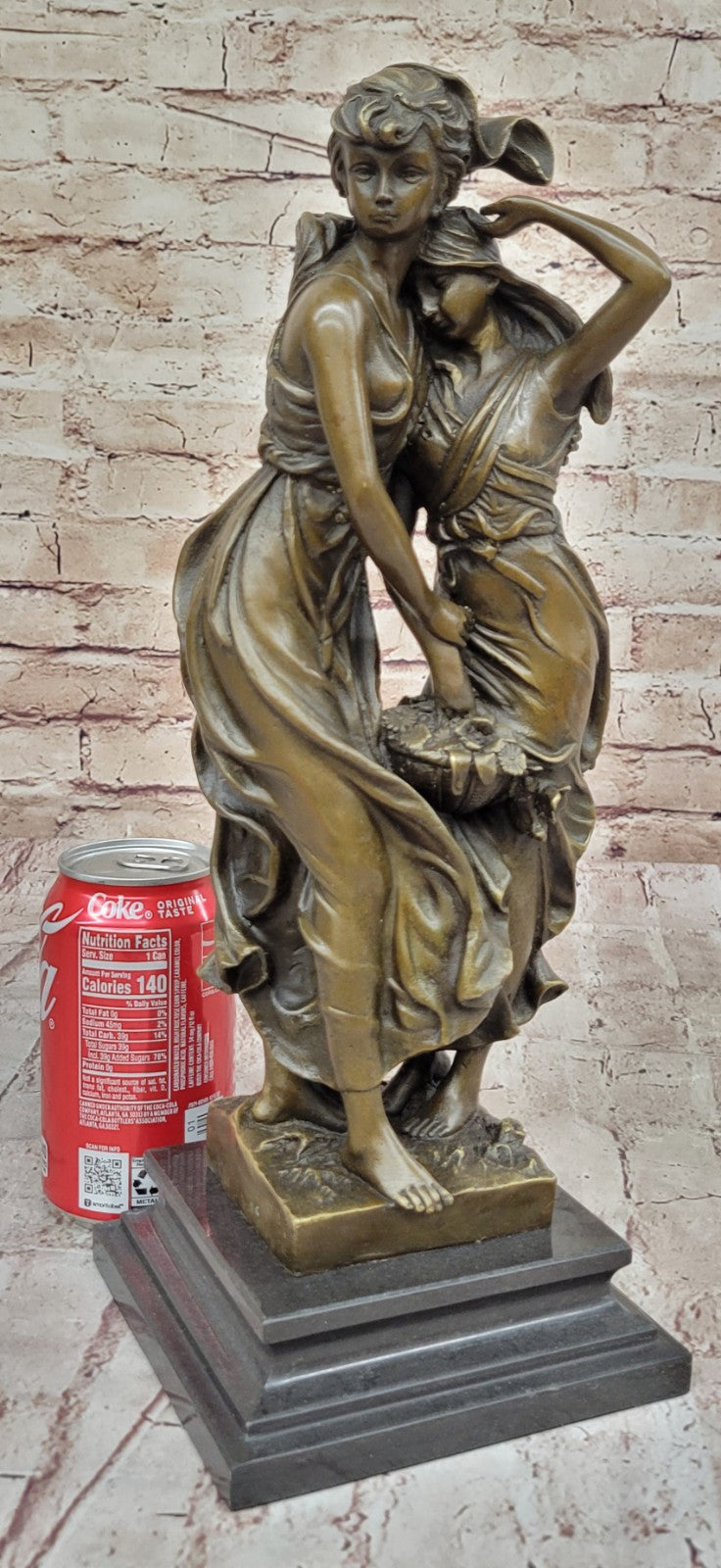 Art Nouveau Two Maiden with Flower Basket Bronze Sculpture Marble Base Deal