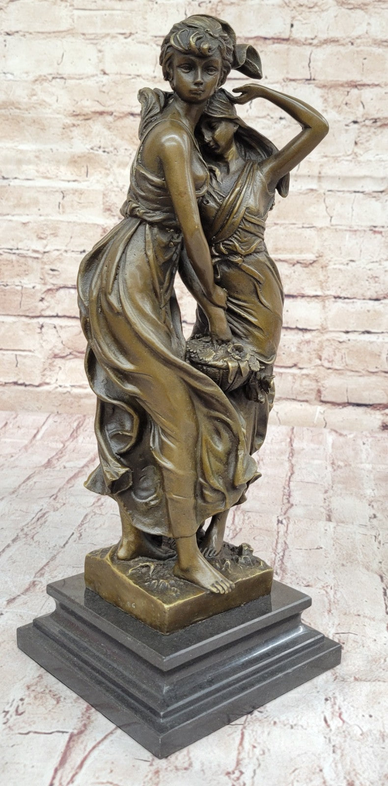 Art Nouveau Two Maiden with Flower Basket Bronze Sculpture Marble Base Deal