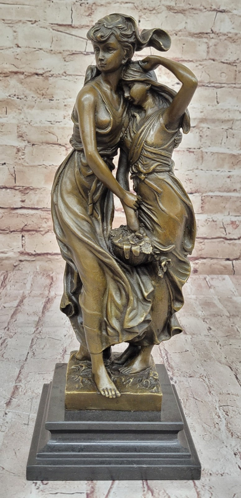 Art Nouveau Two Maiden with Flower Basket Bronze Sculpture Marble Base Deal
