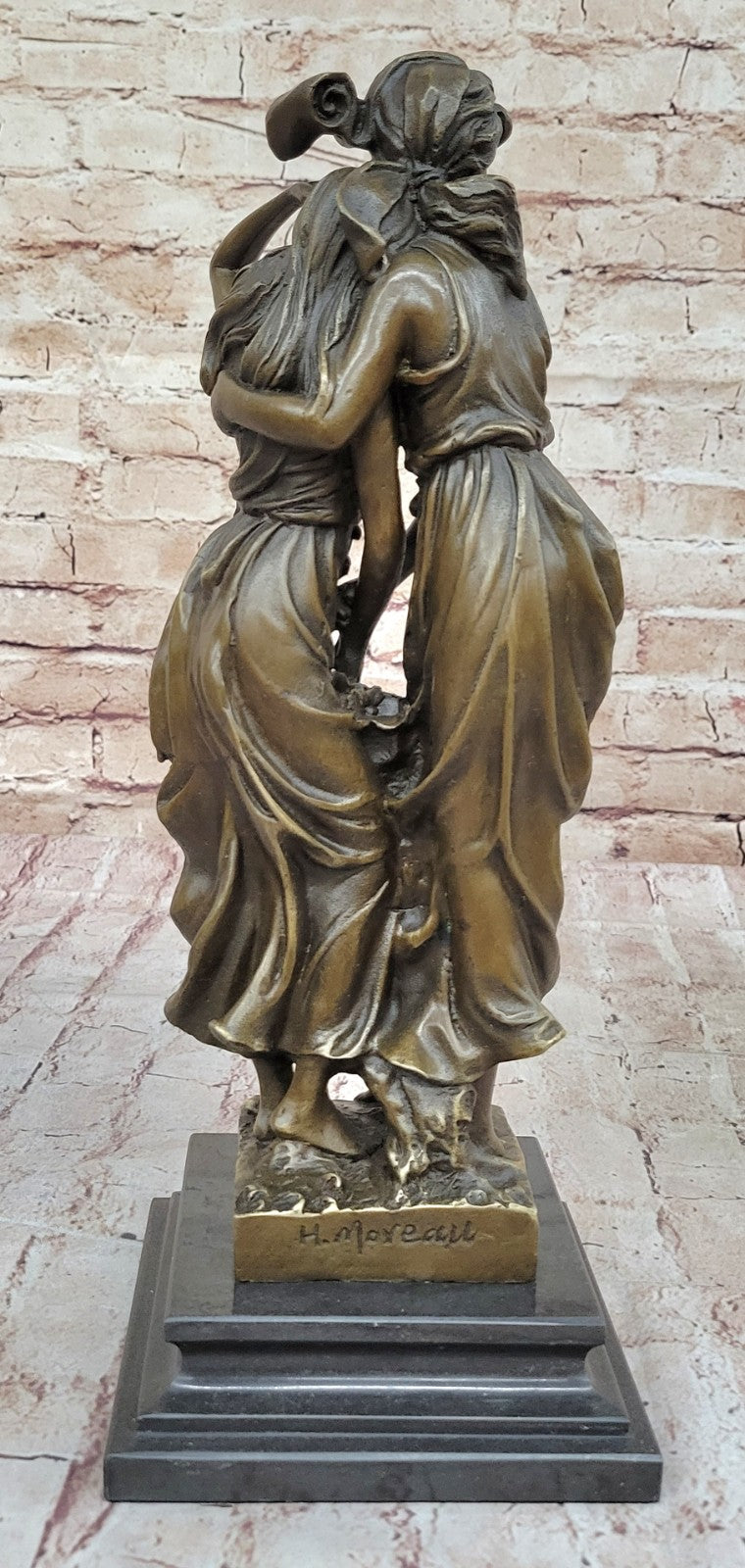 Art Nouveau Two Maiden with Flower Basket Bronze Sculpture Marble Base Deal