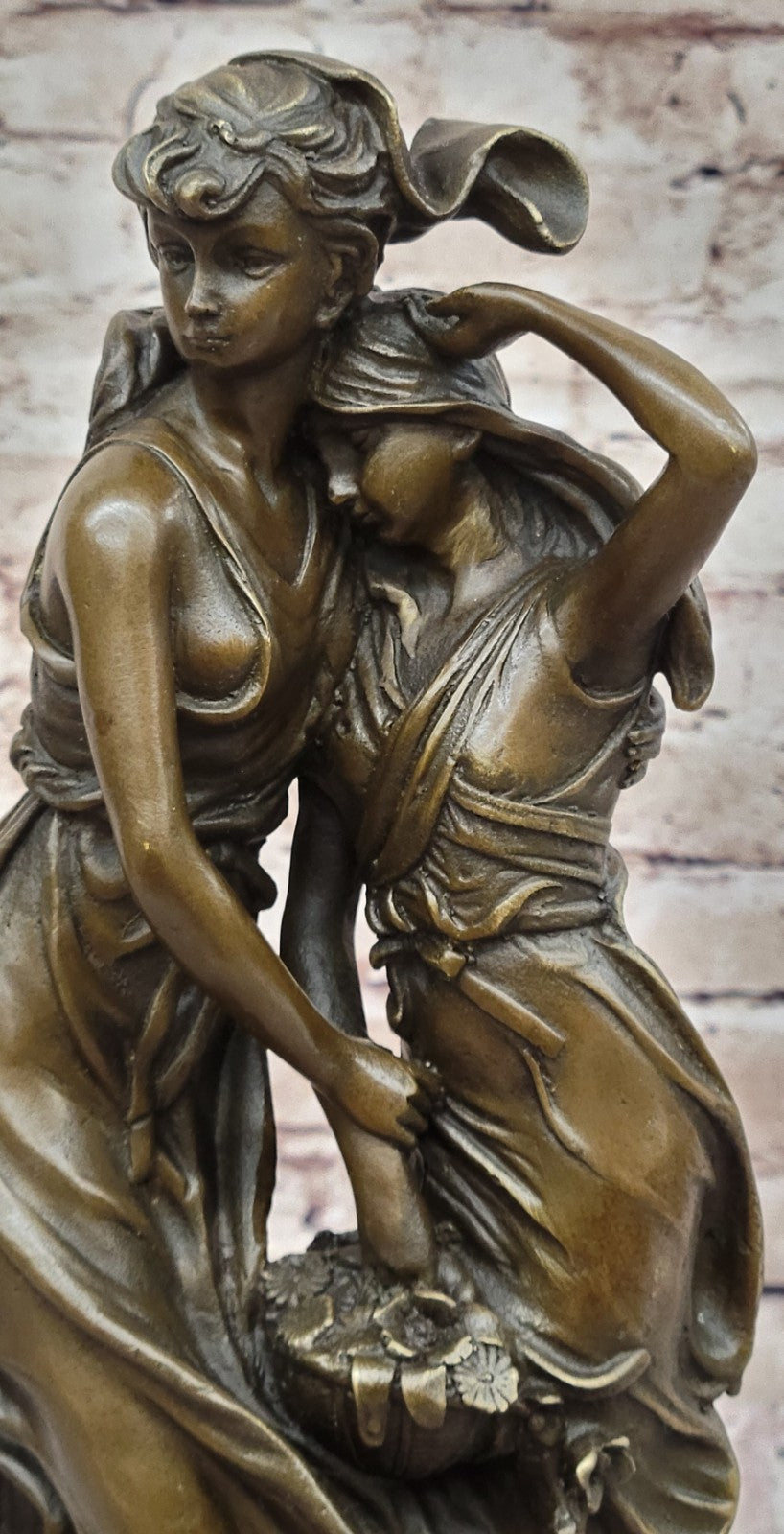 Art Nouveau Two Maiden with Flower Basket Bronze Sculpture Marble Base Deal