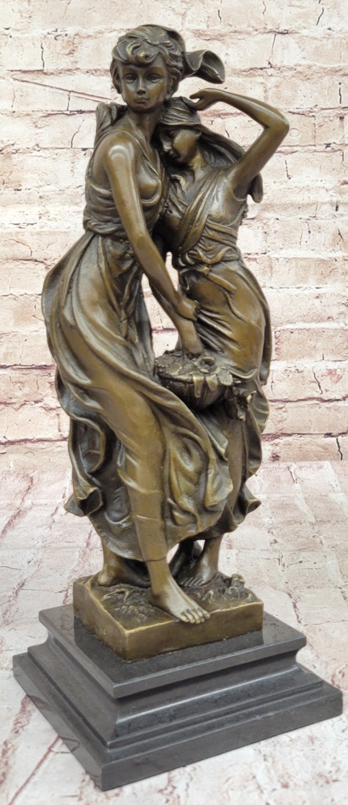 Art Nouveau Two Maiden with Flower Basket Bronze Sculpture Marble Base Deal