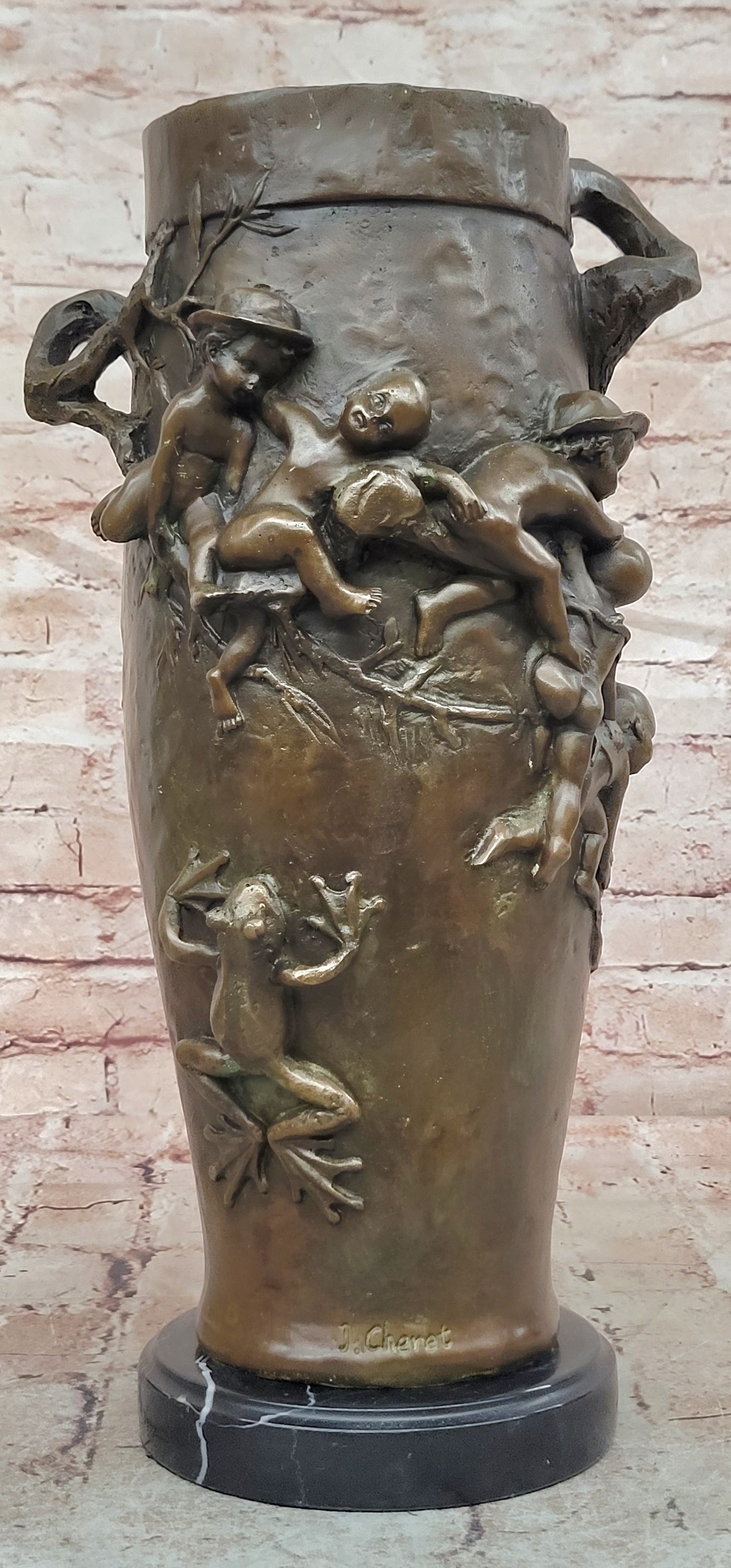 Handcrafted Detailed Museum Quality Baby Boy And Girls Frog Bronze Sculpture