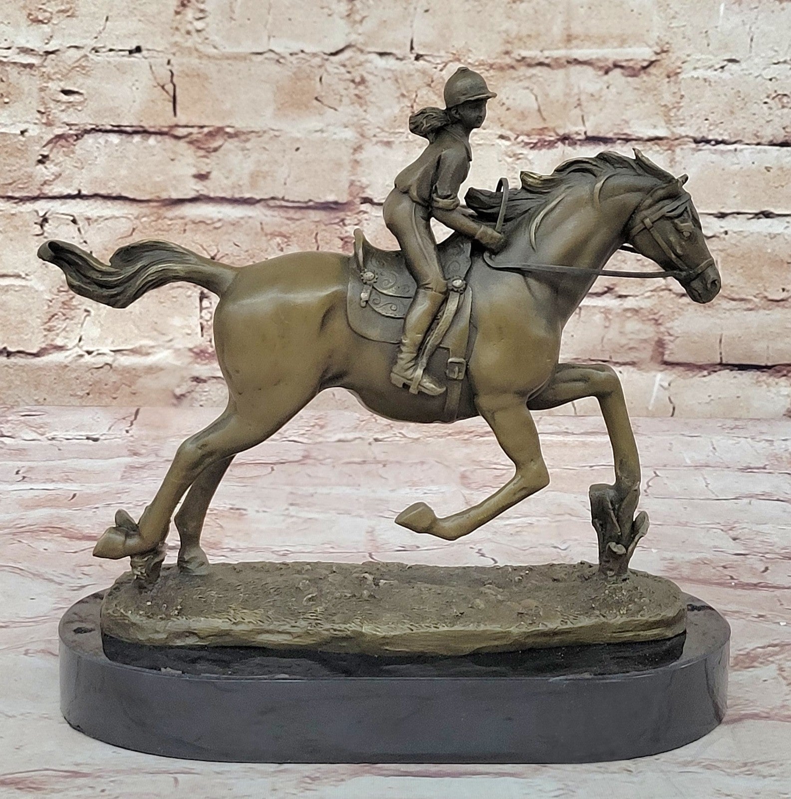 Handcrafted bronze sculpture SALE Horse Racing Jockey Girl Art Western Deco Art