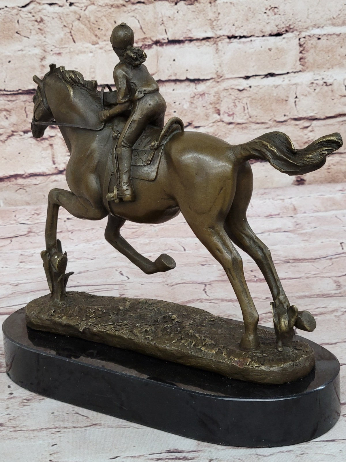 Handcrafted bronze sculpture SALE Horse Racing Jockey Girl Art Western Deco Art