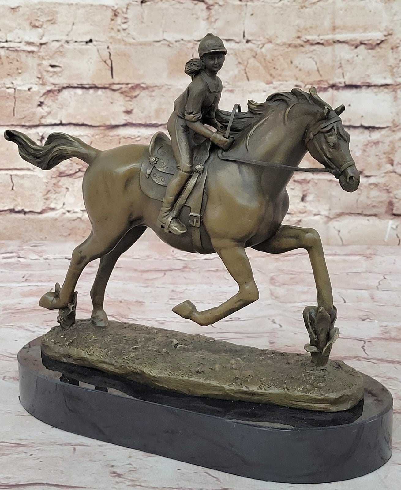 Handcrafted bronze sculpture SALE Horse Racing Jockey Girl Art Western Deco Art