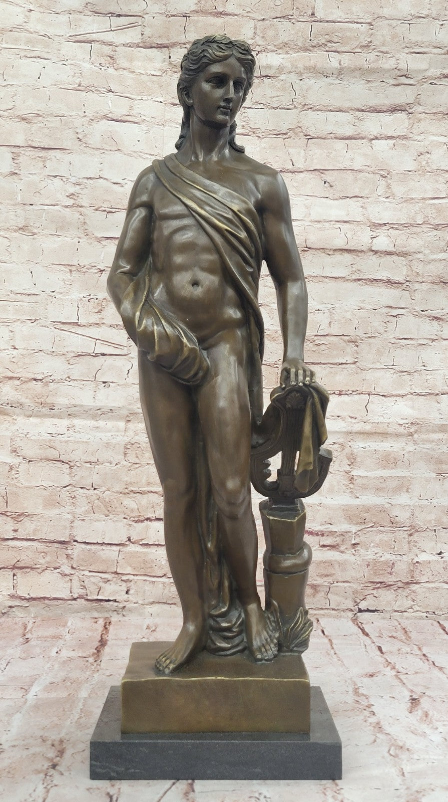 Bronze Apollo with Lyre Statue – Greek Roman God of Music and Light Signed Fisher