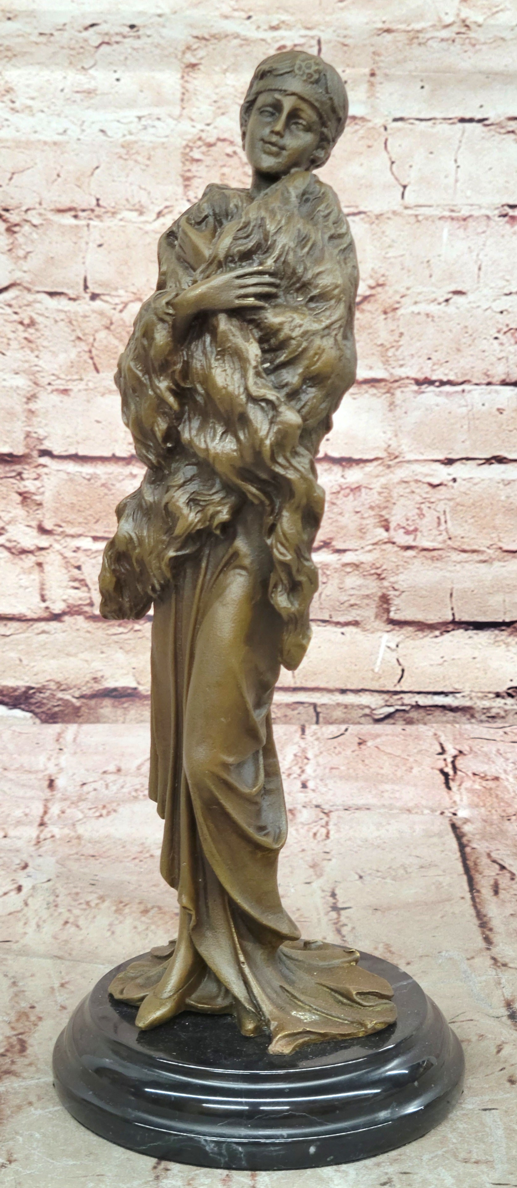 Handcrafted Sexy Woman with Fur Coat Actress Model Trophy Bronze Sculpture Statue
