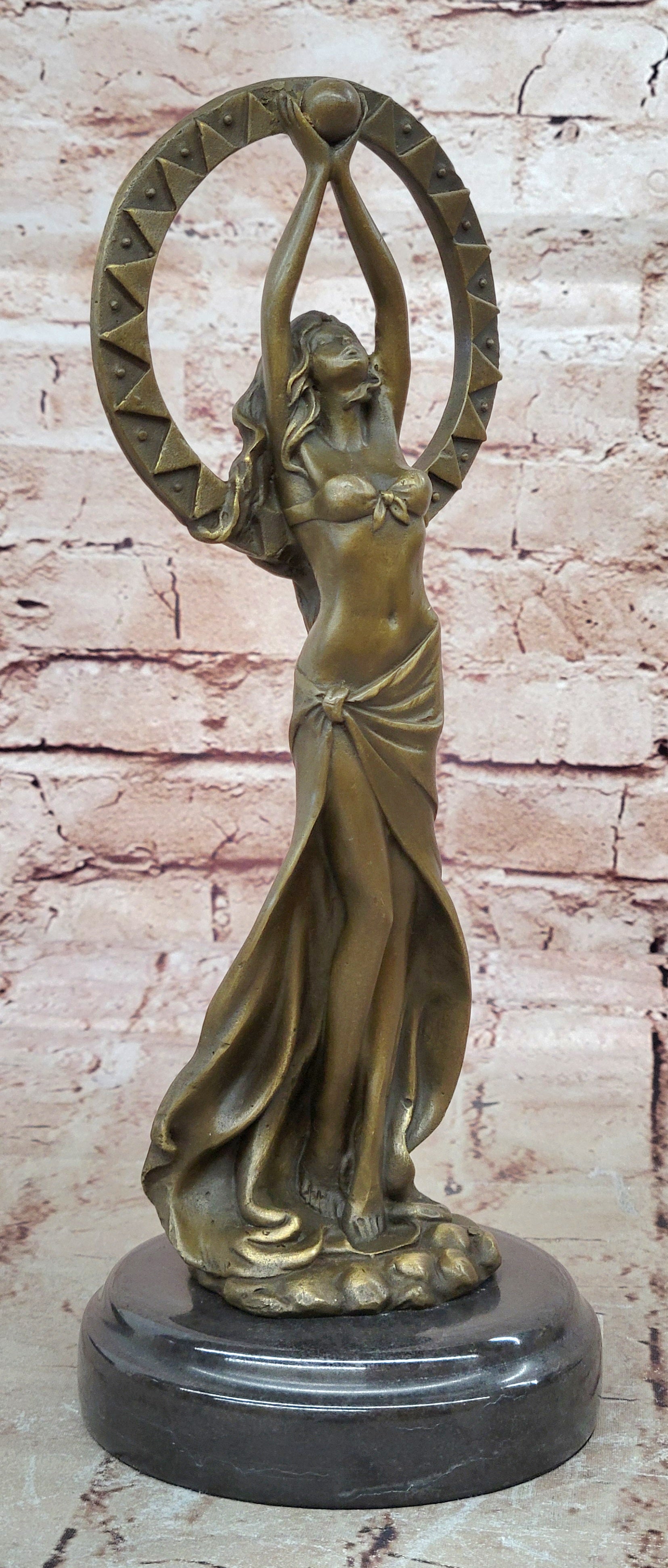 Art Nouveau Hand Made Classic Sexy Girl Bronze Sculpture Figurine Marble Base