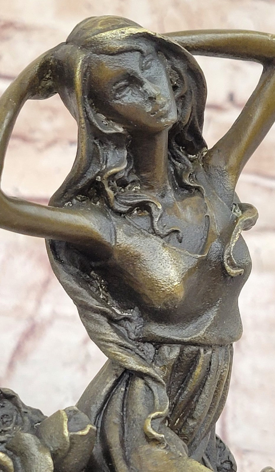 Handcrafted Art Nouveau Sexy Maiden with Bunch of Roses Flower Bronze Figurine
