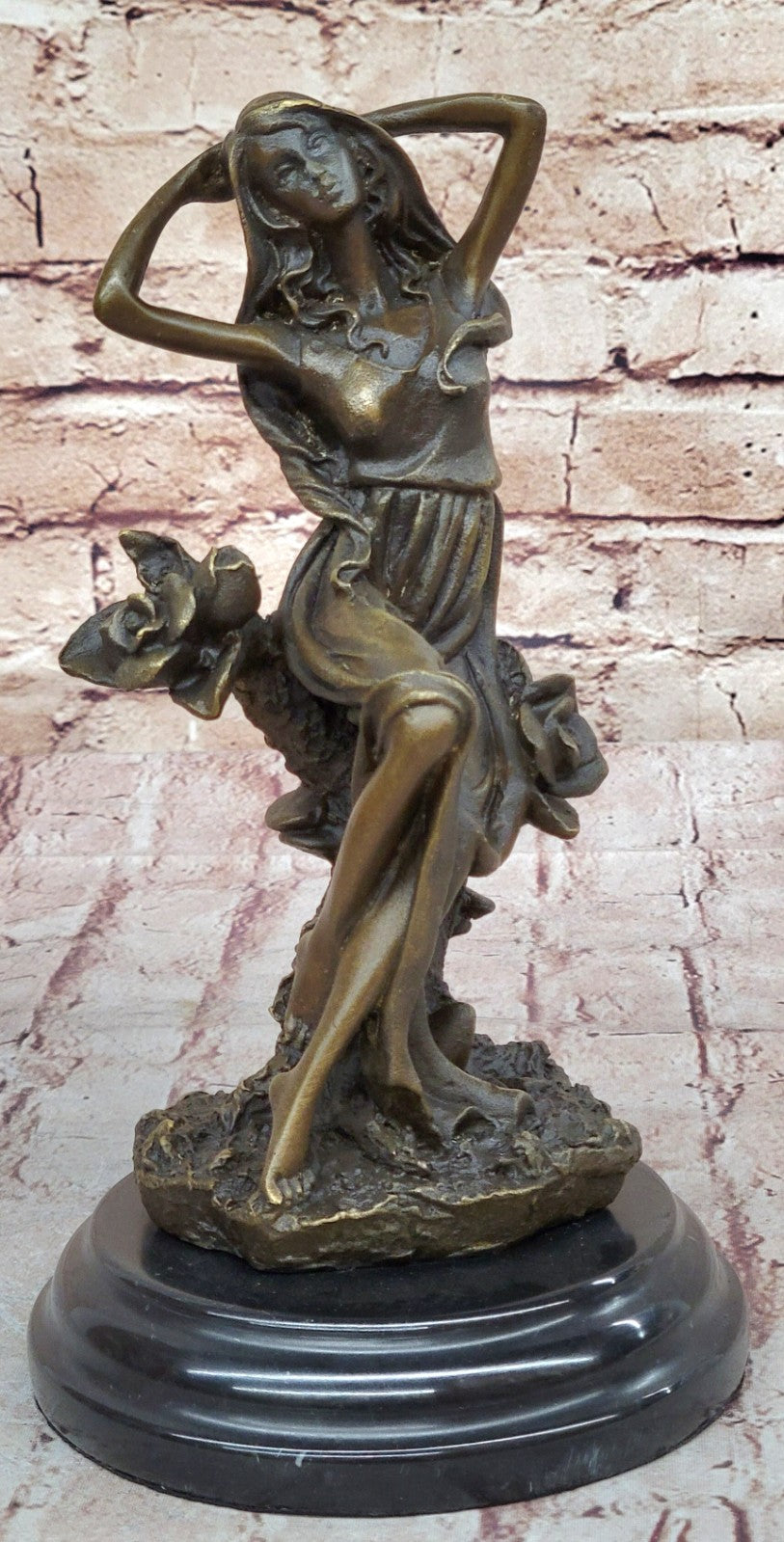Handcrafted Art Nouveau Sexy Maiden with Bunch of Roses Flower Bronze Figurine