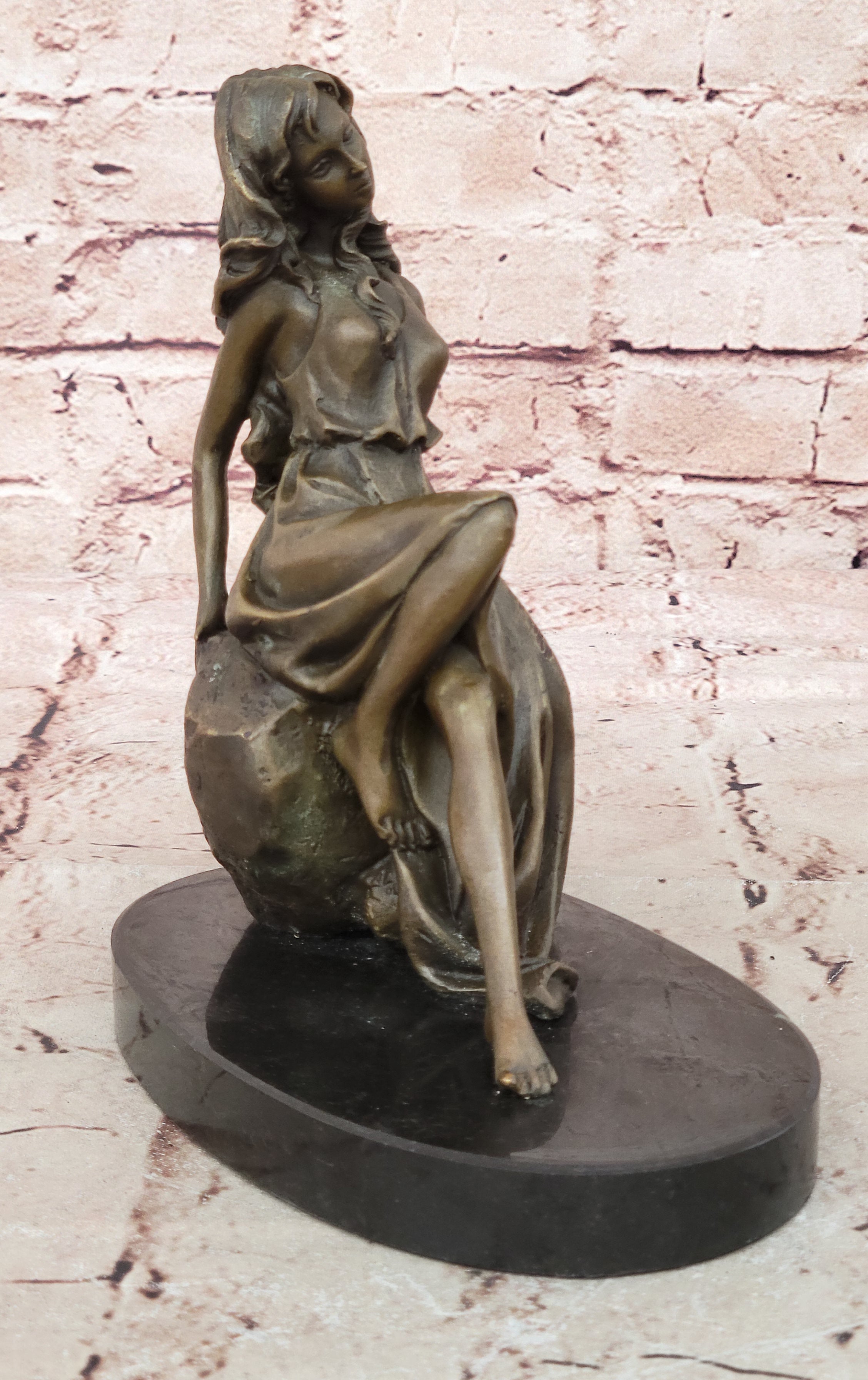 Bronze Sculpture Hand Made Original Mavchi Relaxed Woman on the Rock Figurine