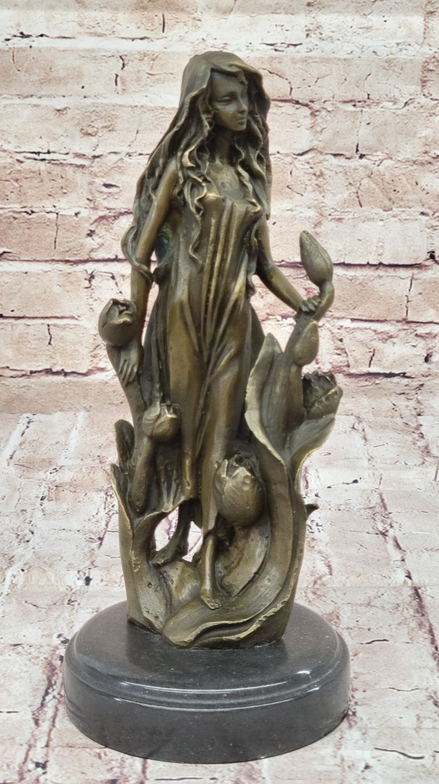 Bronze Sculpture Young lady Gazes into sky with Flower Art Nouveau Deco Decor