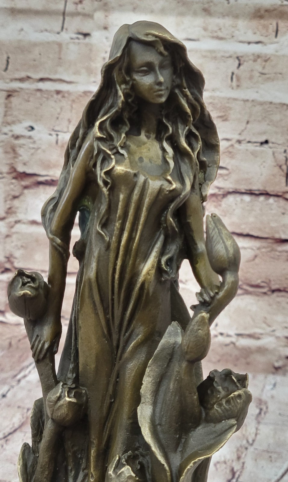 Bronze Sculpture Young lady Gazes into sky with Flower Art Nouveau Deco Decor