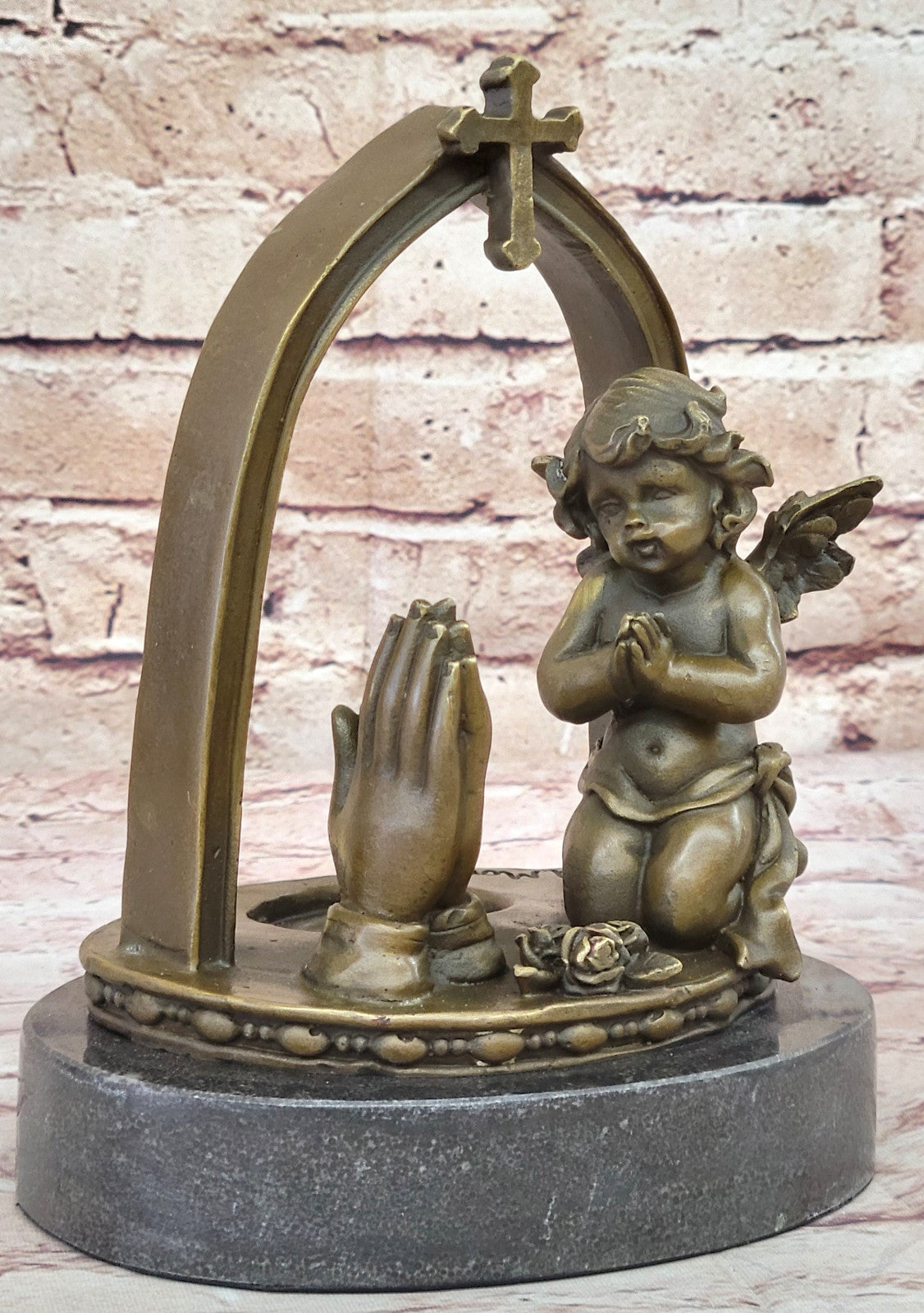 Putti Angel Praying Bronze Sculpture by A. Moreau: Handmade Fine Art Gift