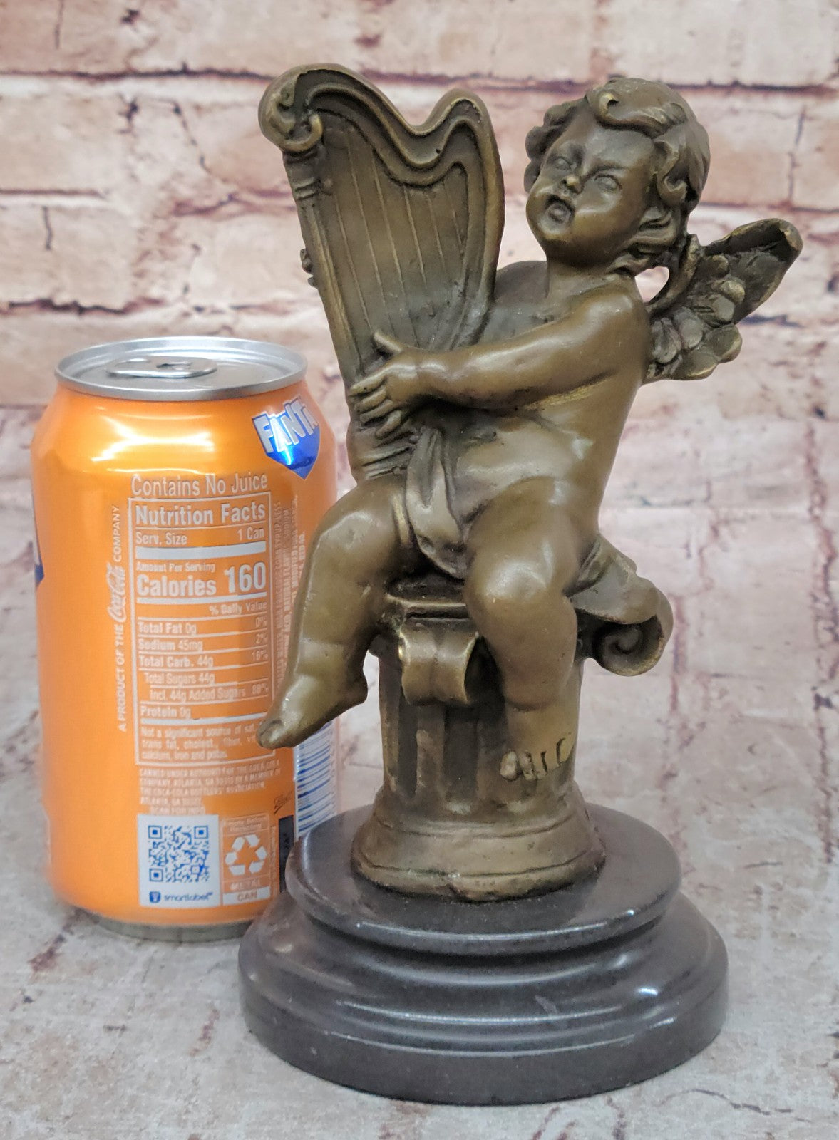 Putti Cherub Pan Harp Musician Artist Angel Bronze Marble Statue Music Room Art