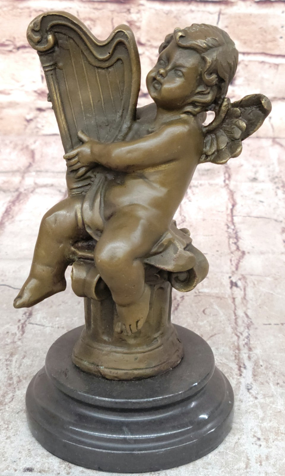 Putti Cherub Pan Harp Musician Artist Angel Bronze Marble Statue Music Room Art
