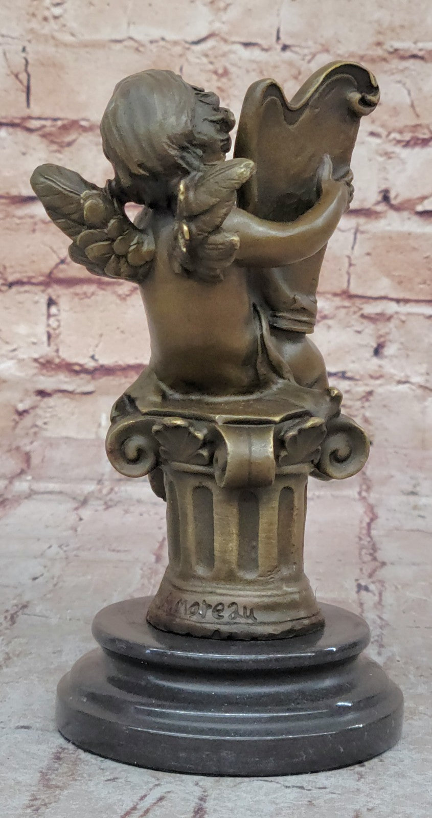 Putti Cherub Pan Harp Musician Artist Angel Bronze Marble Statue Music Room Art