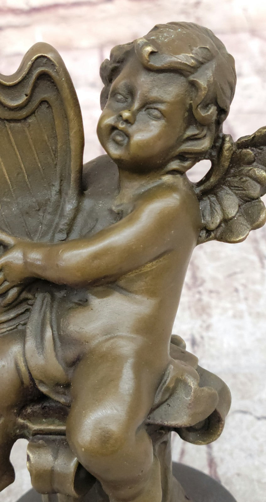 Putti Cherub Pan Harp Musician Artist Angel Bronze Marble Statue Music Room Art