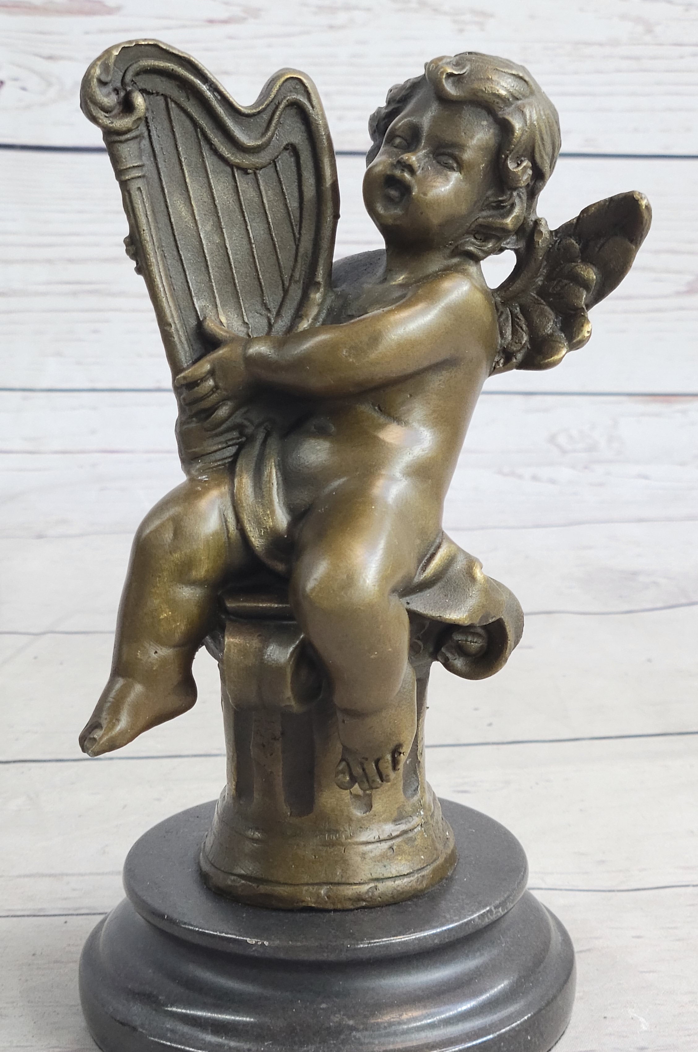 Putti Cherub Pan Harp Musician Artist Angel Bronze Marble Statue Music Room Art