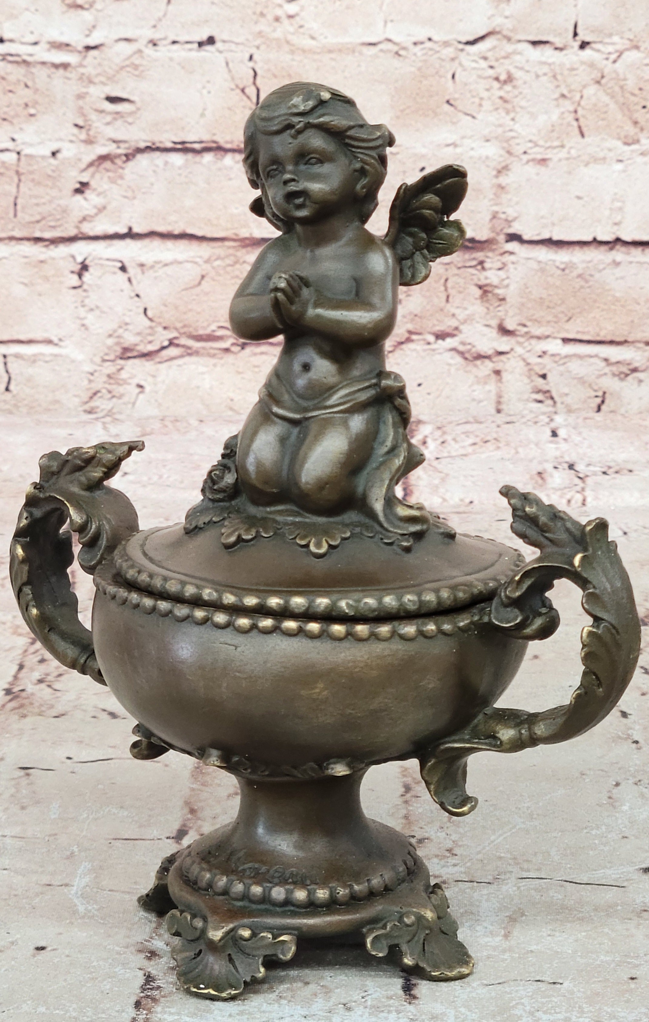 Bronze Sculpture Mythical Putti Angel Jewelry Box Detailed Classic Artwork