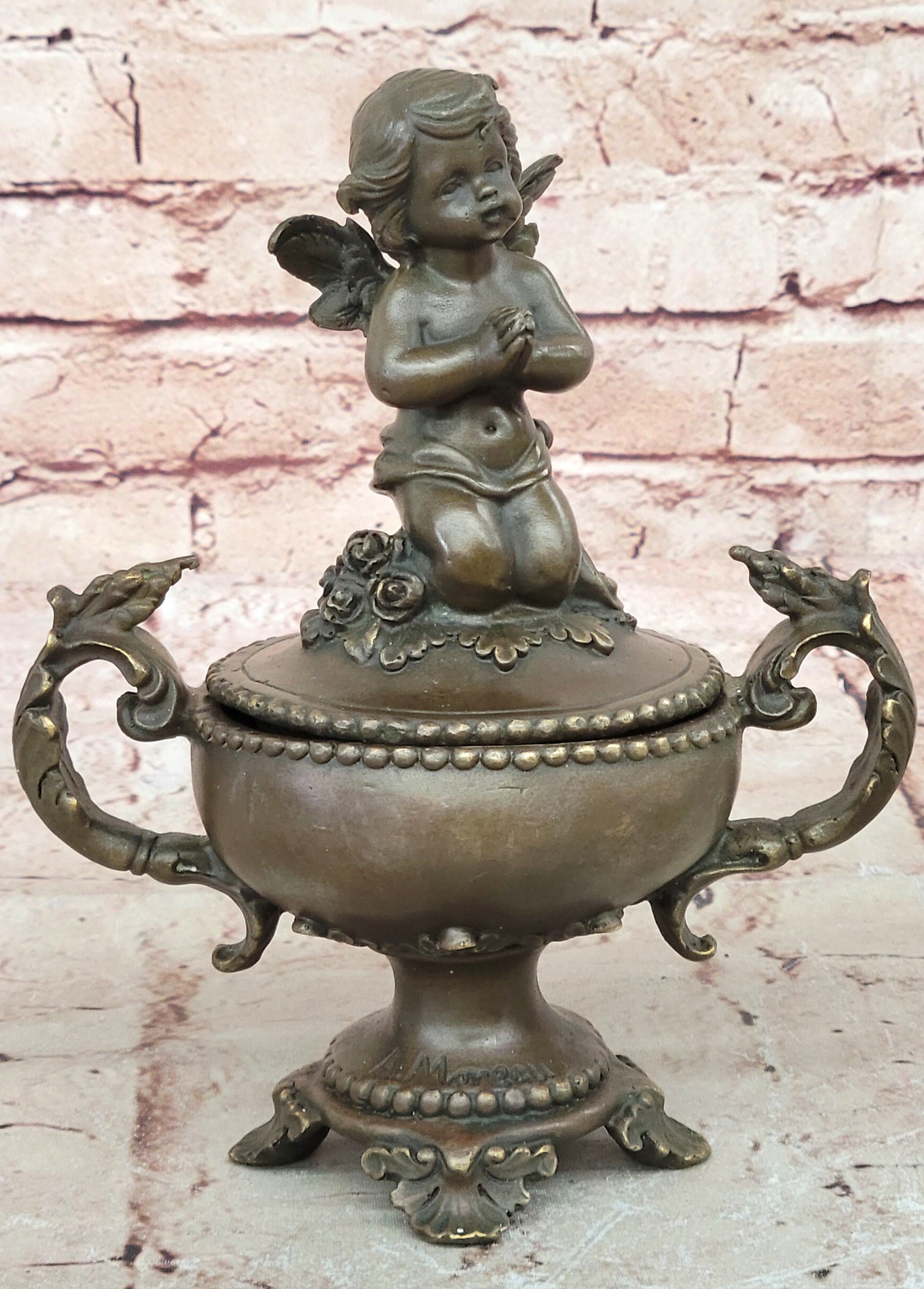 Bronze Sculpture Mythical Putti Angel Jewelry Box Detailed Classic Artwork