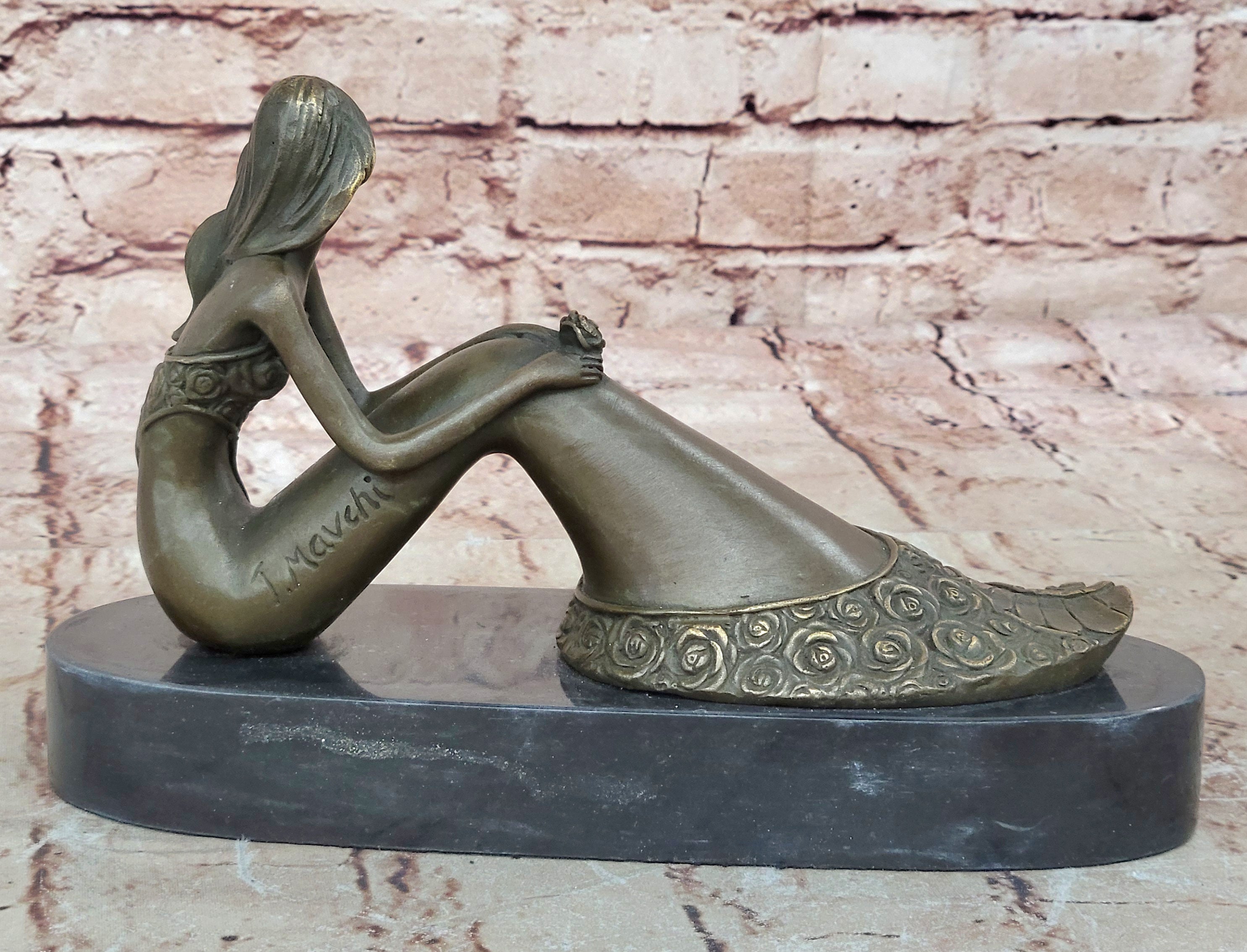 Dreamy Sitting Mermaid Bronze Finish 9.5" Large Sculpture Figure Brown Decorative