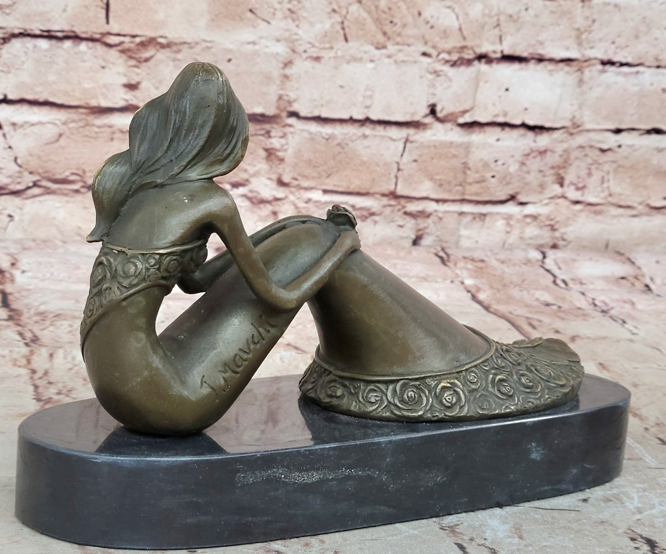 Dreamy Sitting Mermaid Bronze Finish 9.5" Large Sculpture Figure Brown Decorative
