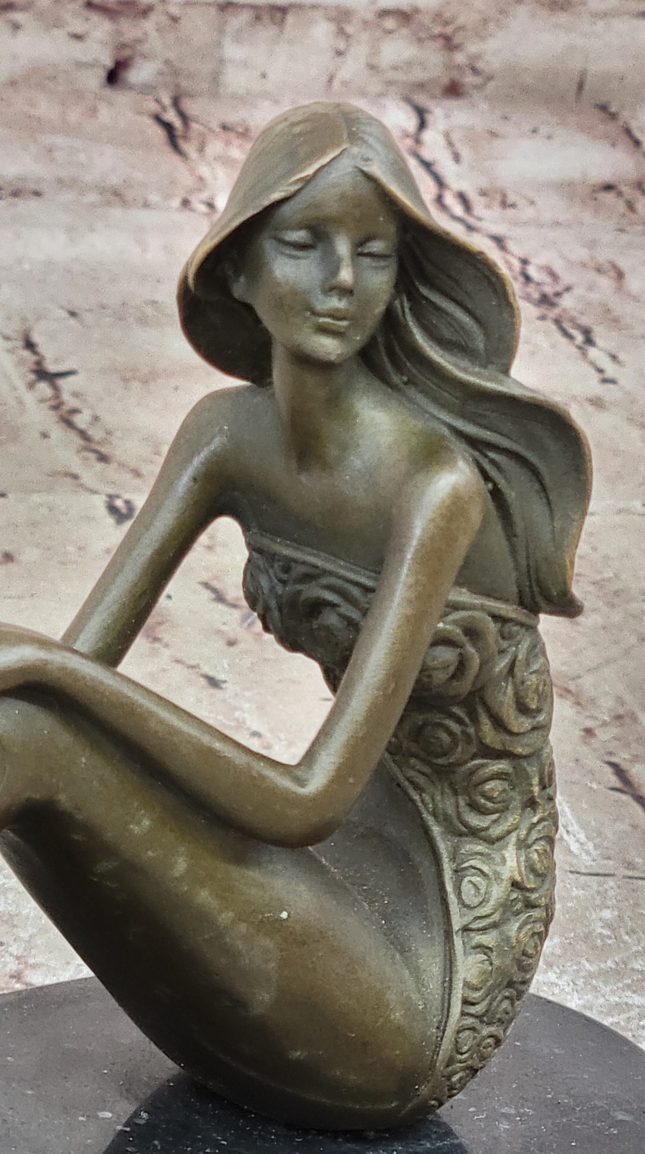 Dreamy Sitting Mermaid Bronze Finish 9.5" Large Sculpture Figure Brown Decorative