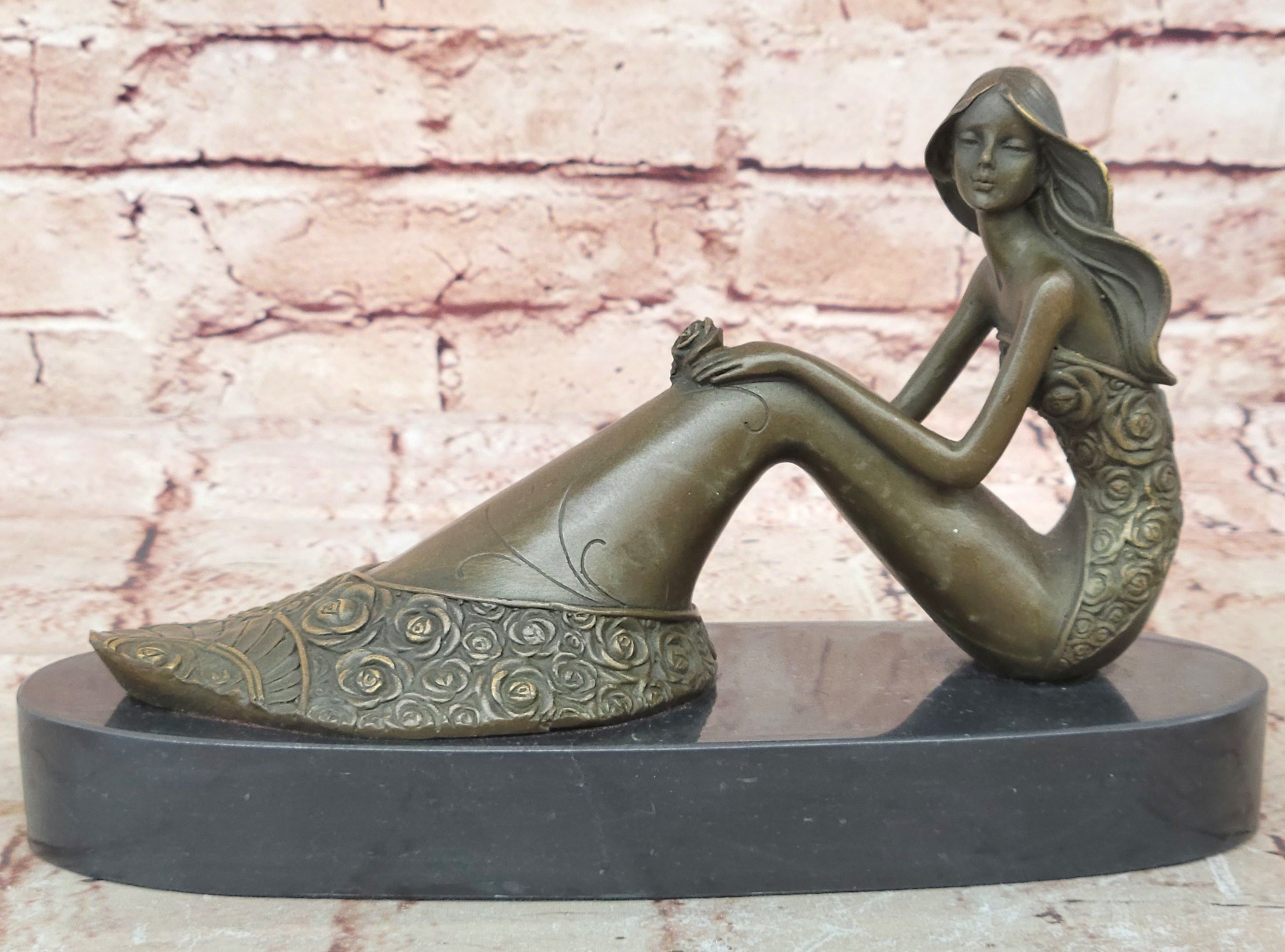 Dreamy Sitting Mermaid Bronze Finish 9.5" Large Sculpture Figure Brown Decorative