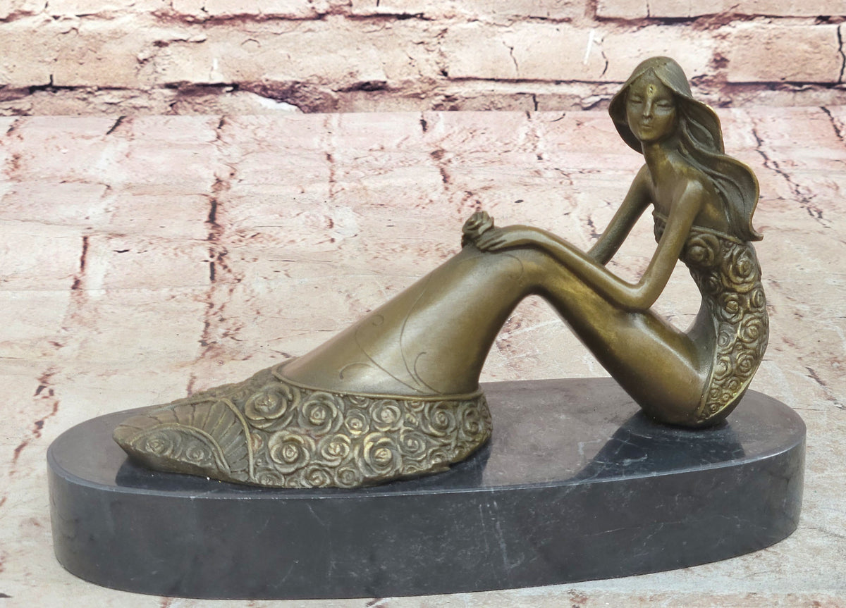 Mermaid Daydreaming Thinking Decorative Statue. 100% Pure Bronze Hand-Painted