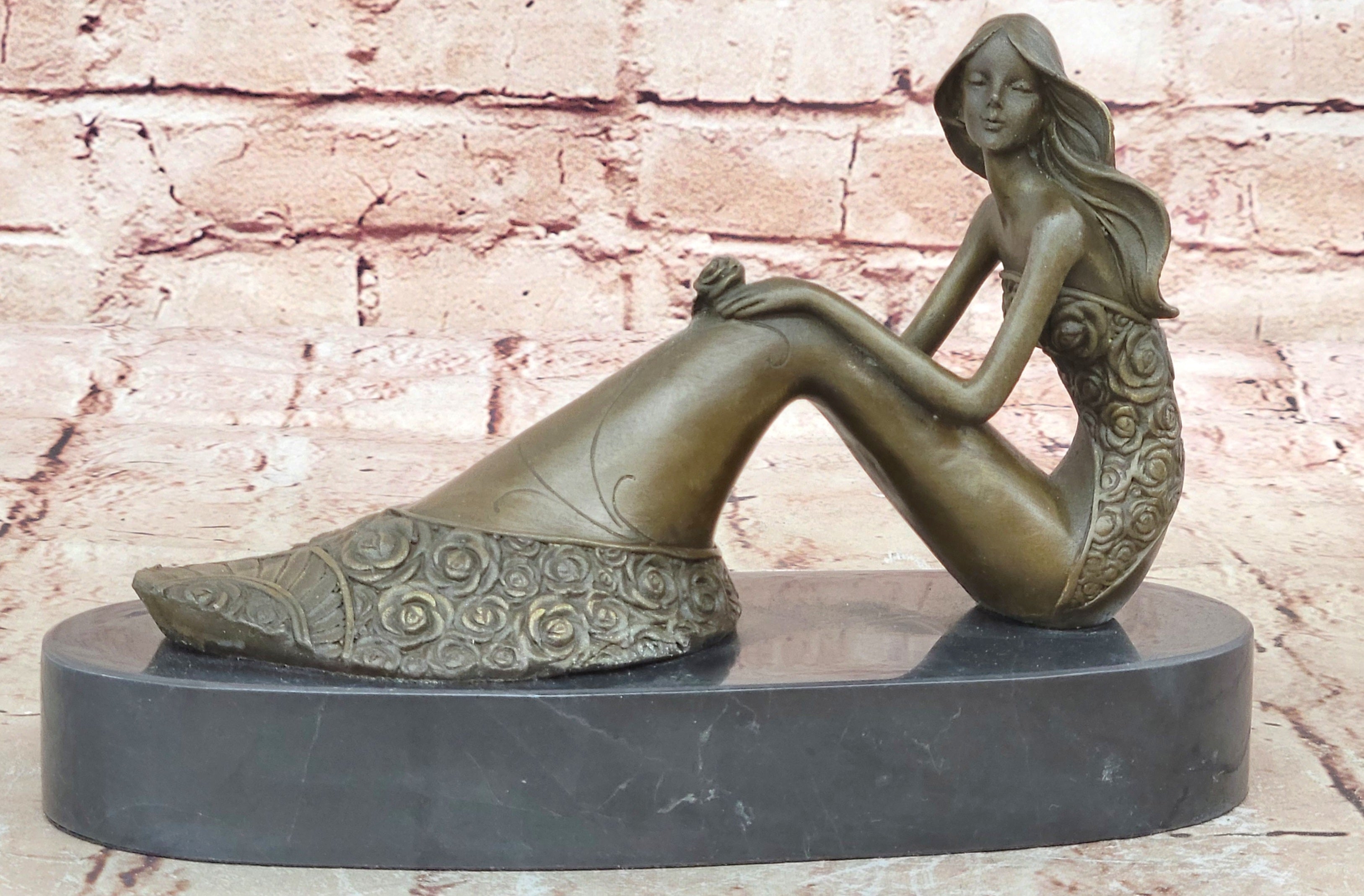 Mermaid Daydreaming Thinking Decorative Statue. 100% Pure Bronze Hand-Painted