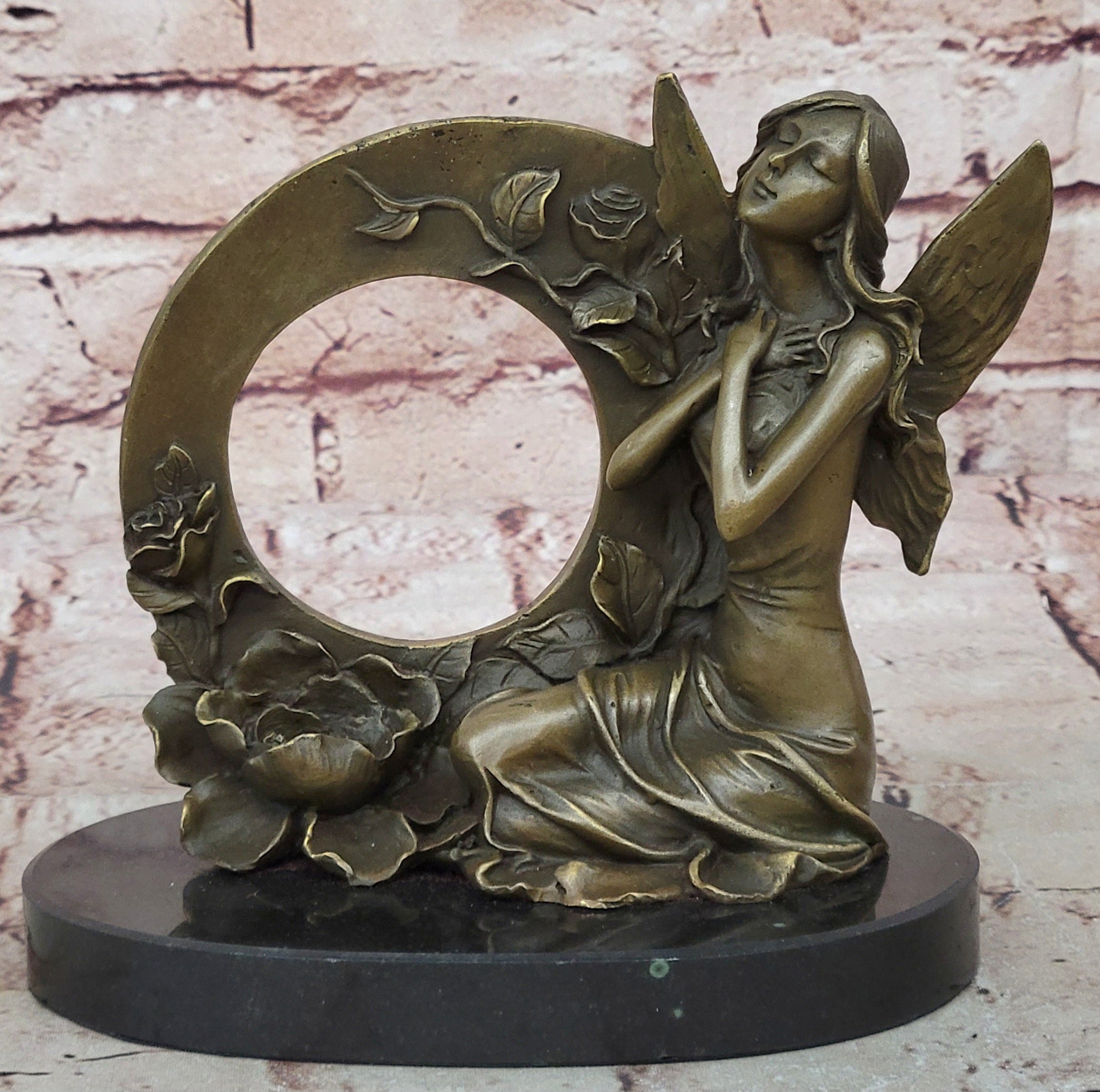 NUDE FAIRY 100% BRONZE FANTASY ART NOUVEAU WINGED WOOD NYMPH SCULPTURE STATUE