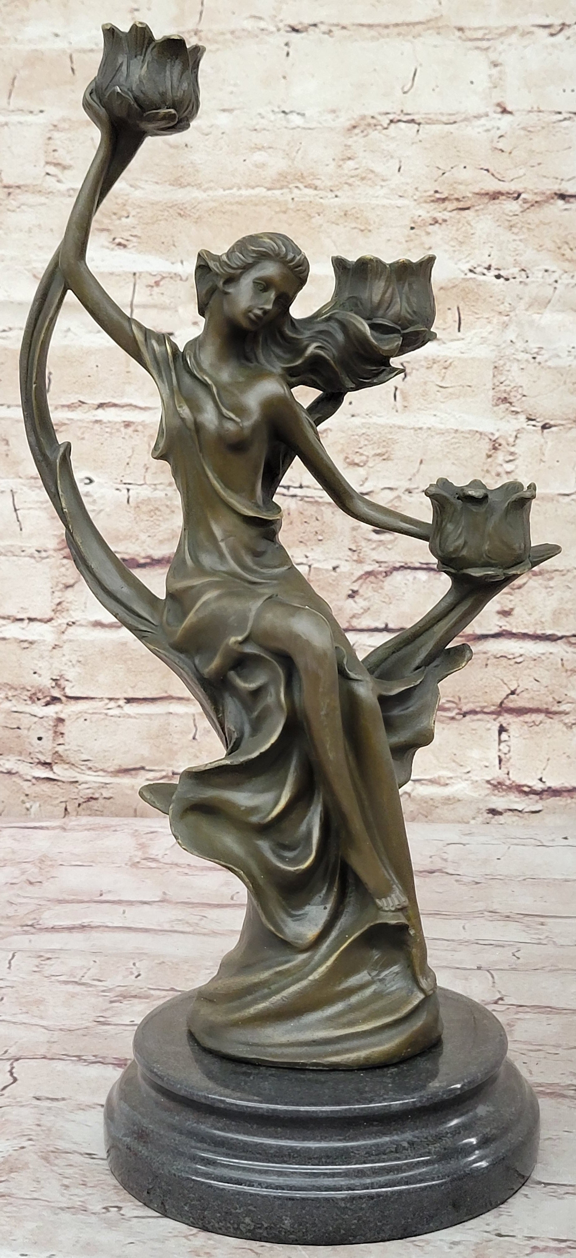 Hot Cast Hand Made Candle Holder Sexy Nymph with Flowers Bronze Statute Deal