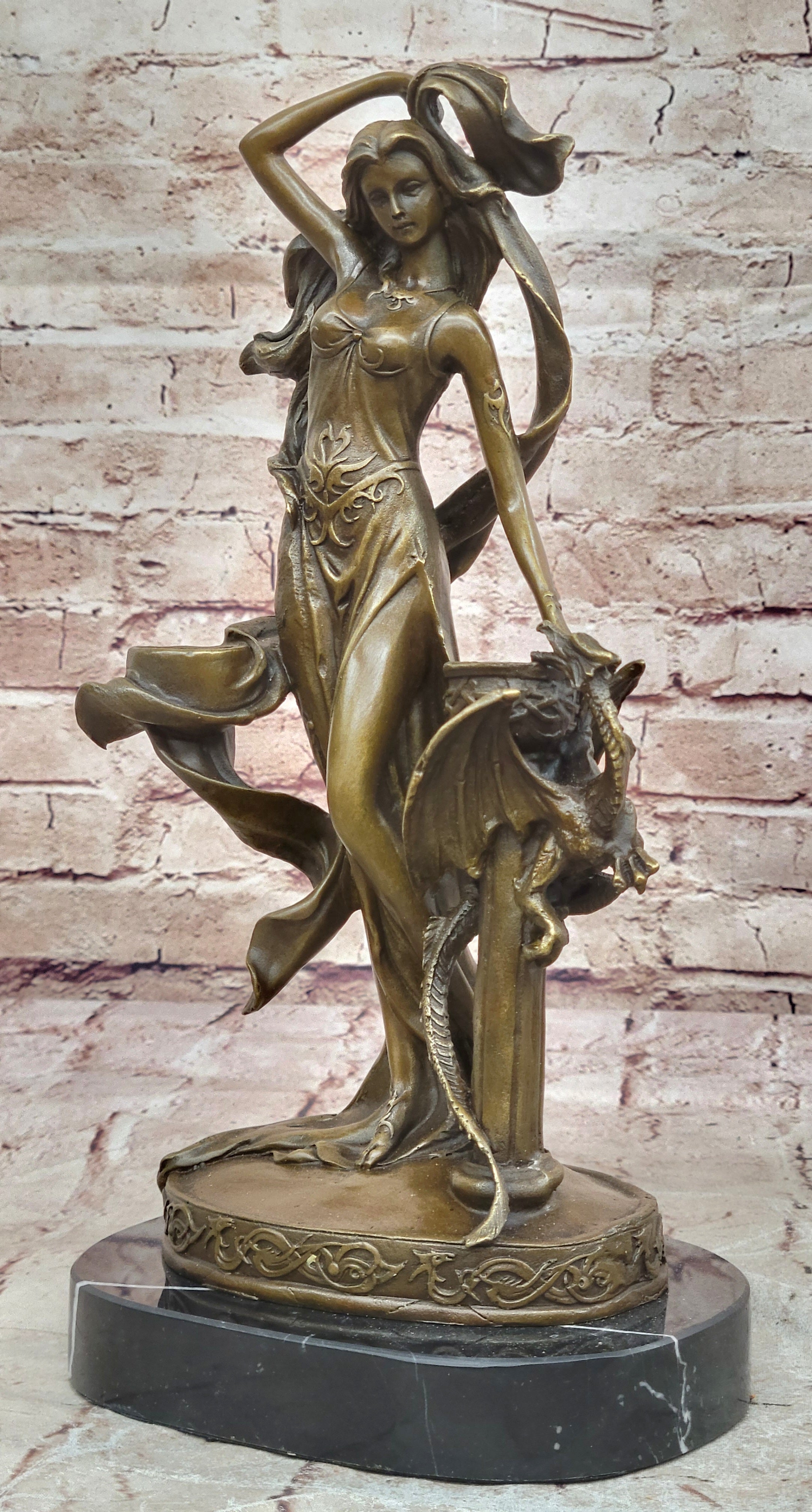 Signed Original Floral Goddess Candle Holder Bronze Marble Sculpture Statue De