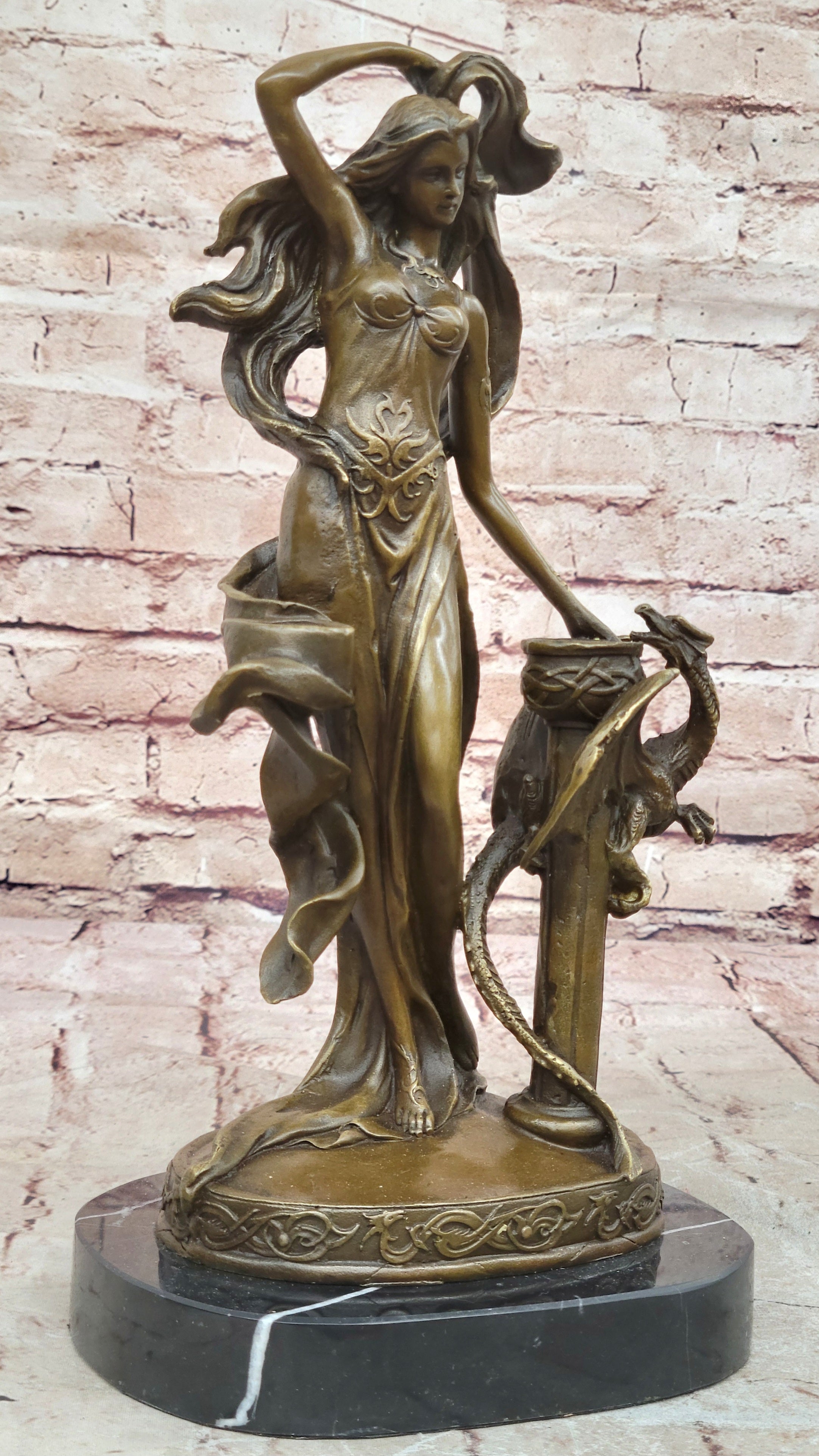 Signed Original Floral Goddess Candle Holder Bronze Marble Sculpture Statue De