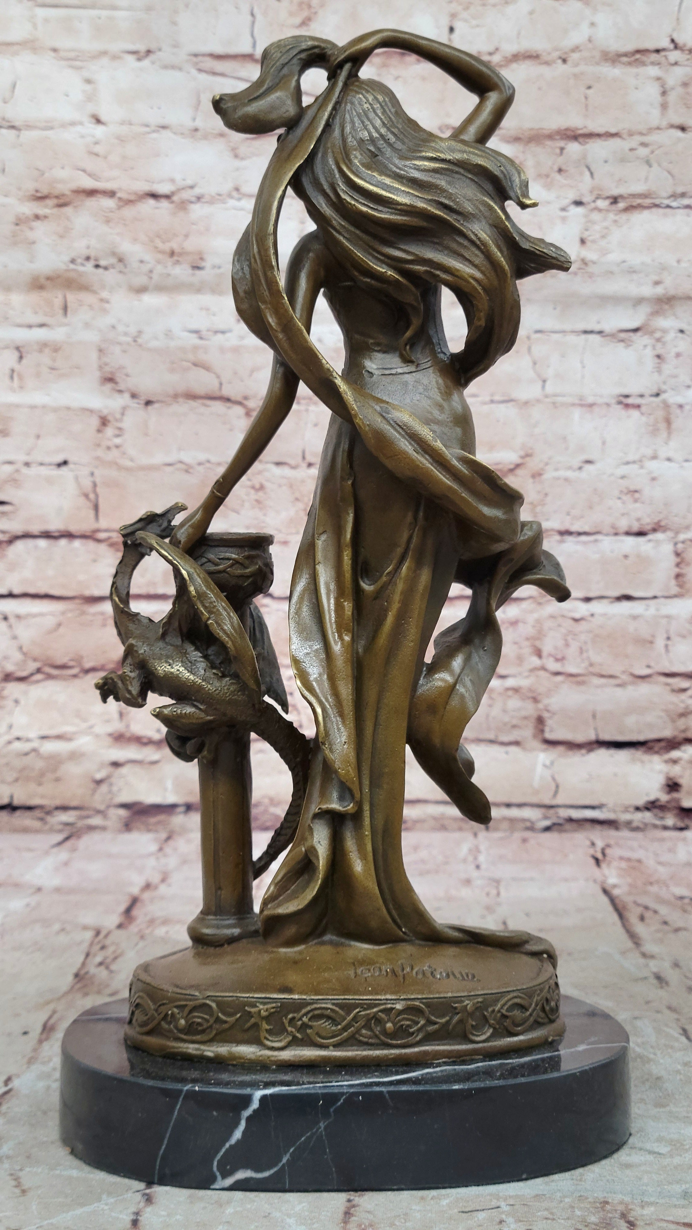 Signed Original Floral Goddess Candle Holder Bronze Marble Sculpture Statue De